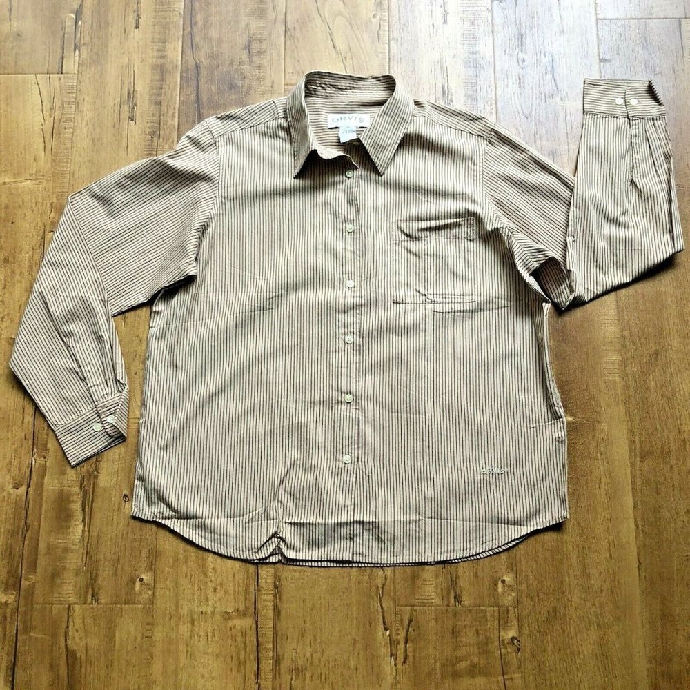 Orvis Women's Long Sleeve Button Down Shirt Top Tab Khaki Stripes Size 16